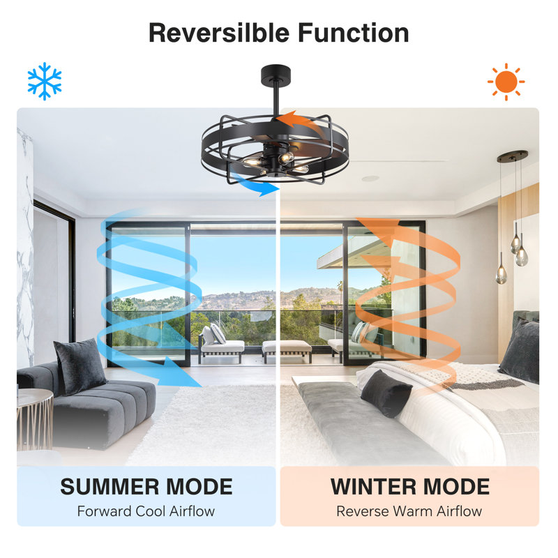 Ventilateur de plafond en cage 28 po avec lumière et télécommande, moteur à courant continu réversible à 3 pales, fandelier E12 à 4 lumières, pales noires / noyer