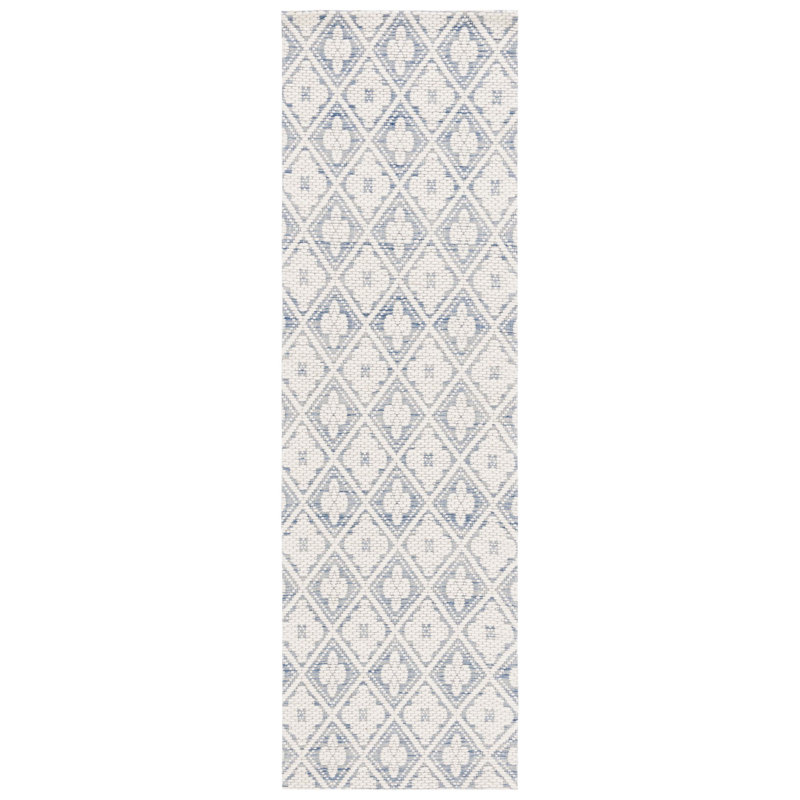 Tapis géométrique tissé à plat à la main Hark en bleu / ivoire, Tapis de couloir 2 pi 3 po x 8 pi