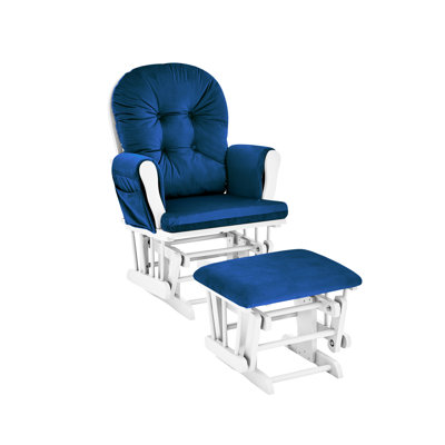 White Wood And Navy Fabric Nursery Glider - Soothing Gliding Motion, Overstuffed Back Support, Storage Gliding, Cushion, Side Pocket For
