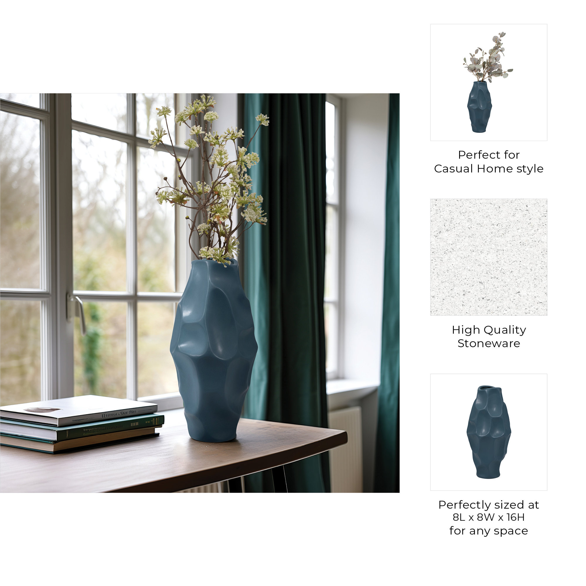 Antwerp Handmade Table Vase, 16" H x 8" W x 8" D, Teal