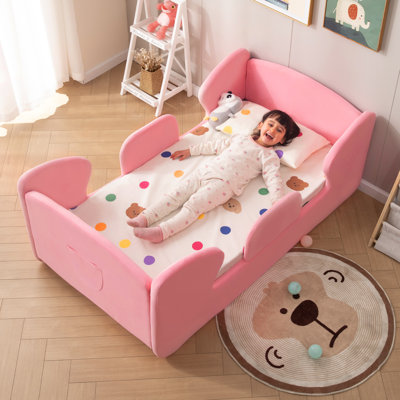 Structure de lit pour tout-petits avec rails de sécurité amovibles et sac de rangement, lit pour enfants pour fille et garçon, lits portatifs standard pour lit de bébé, lits d'enfant rembourrés de sécurité, conception à plancher bas