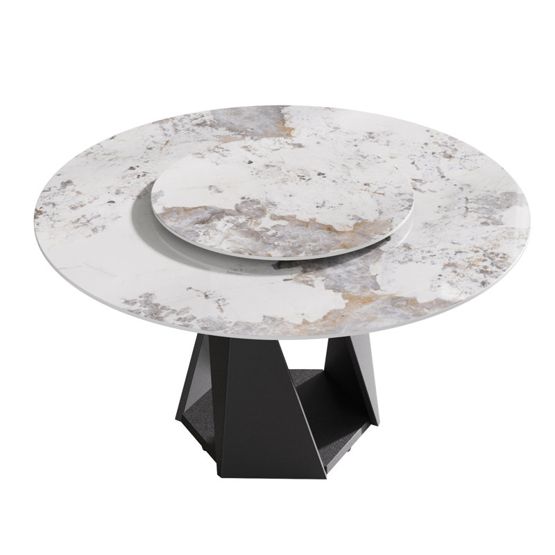 Table de salle à manger ronde de 57,5 po avec base en fer robuste, pouvant accueillir de 6 à 8 po, table tournante en pierre frittée blanche de 31,5 po, table de feu et moderne, sièges noirs de 6 à 8 po, faible perméabilité à l'eau, entretien facile