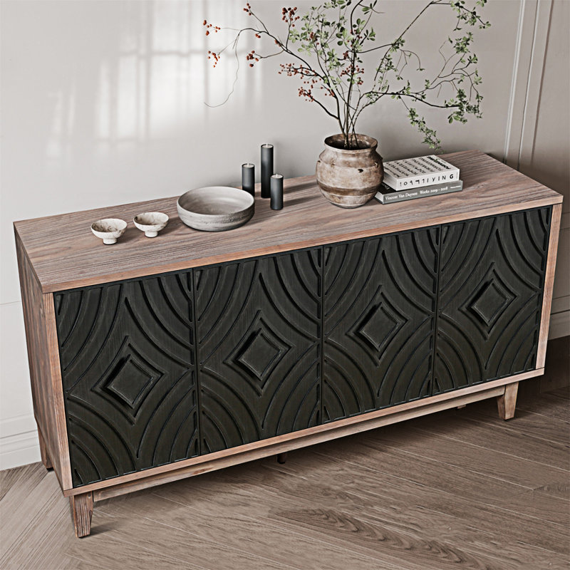 Mid Century Sideboard Buffet Cabinet With Solid Wood Legs 60" Kitchen Storage Cabinet Credenza With 4 Convex Pattern Diamond Doors And 2 Shelves Accent Console Table For Living Room Entrance Hall Etc