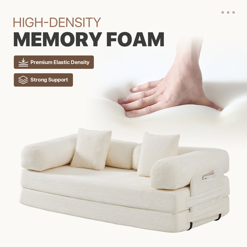 80" Corduroy Convertible Sofa Bed, Upholstered Sleeper Sofa With Pillows & Storage Pockets For Living Room, White
