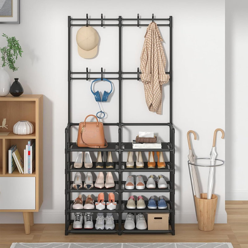 Portemanteau d'entrée avec banc - Rangement pour manteau et chaussures avec 8 crochets pour la chambre à coucher, le couloir ou le bureau [Noir] - [Métal / Moderne / Entrée]