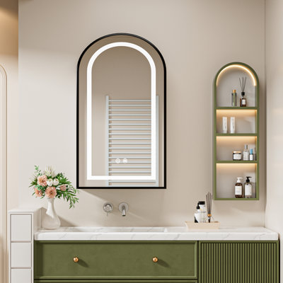 Armoire à pharmacie arquée avec lumières, armoire à pharmacie 16 x 31 po en noir brossé avec miroir, armoire de rangement à miroir 3 lumières avec éclairage mural
