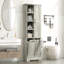 Armoire de rangement de salle de bain avec portes et tiroirs, panier à linge inclinable, plusieurs espaces de rangement, style autoportant, tablette ouverte, tablette réglable, chêne (ancien numéro de référence: N725p208543l)