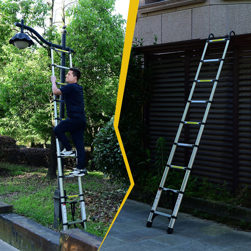 8.5ft Telescopic Ladder, Telescopic Aluminum Alloy Multi-Purpose Folding Telescopic Ladder With Hooks And Triangular Support Frame, Suitable For Outdoor Work At Home Or Rv