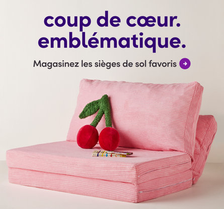 iconique. j'en veux. Magasinez les favoris des sièges de sol. Canapé de sol convertible en velours côtelé rose avec coussin en forme de cerise et livres