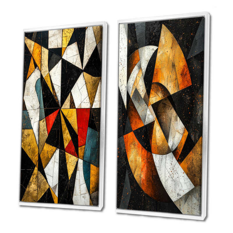 Ensemble de 2 pièces d'art abstrait noir et jaune III, H 40 po x l 40 po, Cadre flottant blanc