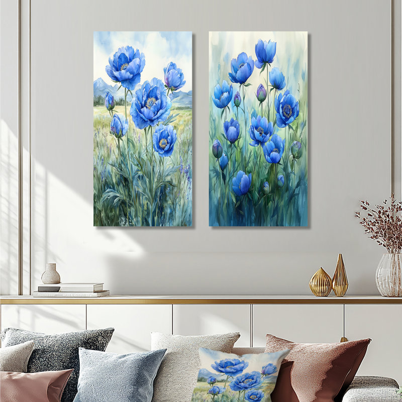 Pivoines bleues océaniques dans le champ I - art mural floral, collection 2 panneaux, H 40 po x l 41 po, Toile tendue