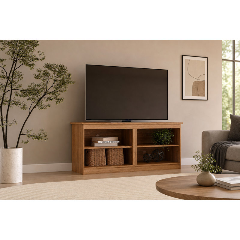 Meuble télé moderne pour téléviseurs jusqu'à 50 pouces, centre multimédia avec quatre tablettes ouvertes et système de gestion des câbles, chêne Hanovre