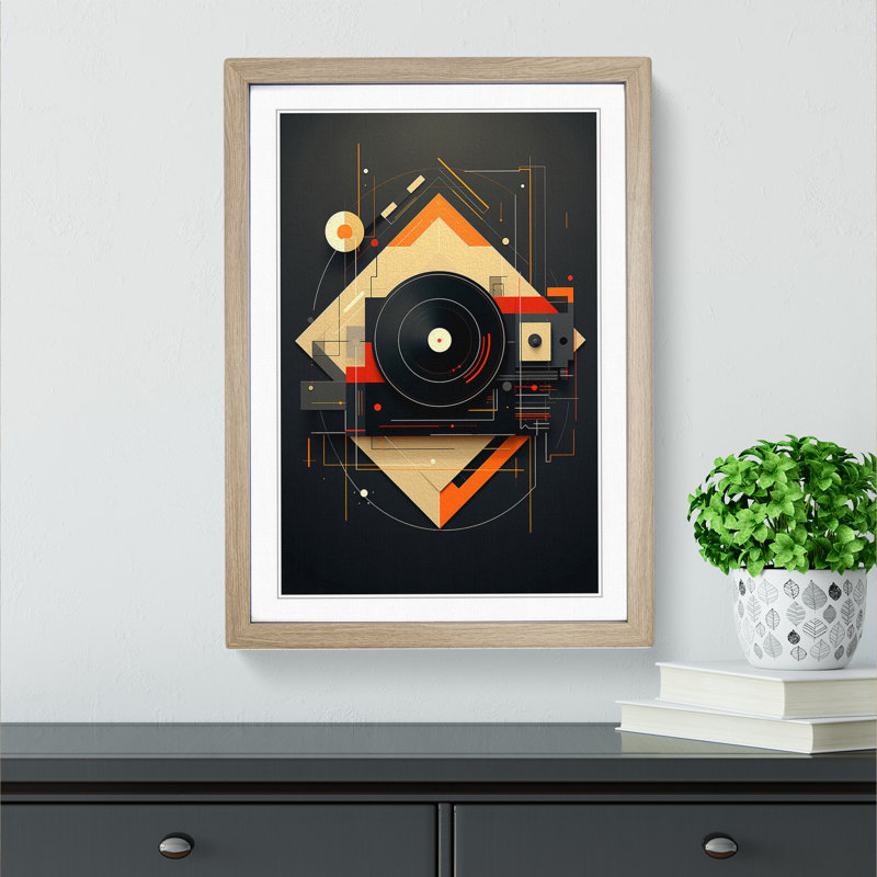 XYZ-FRM-V1223-1667 Vinyl Record Player Geometric No.2 - Single Picture Frame Print on Wood, 34cm H x 25cm W x 2cm D, Oak