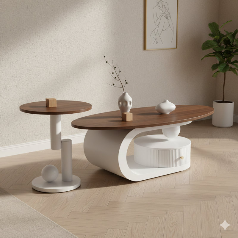 Ensemble de 2 tables à cocktail empilables de qualité supérieure avec rangement pour le salon, ensemble de tables ovales et rondes, table de centre blanche, table de cocktail, table d'appoint, grande taille de 47,24 po, petite de 19,69 po