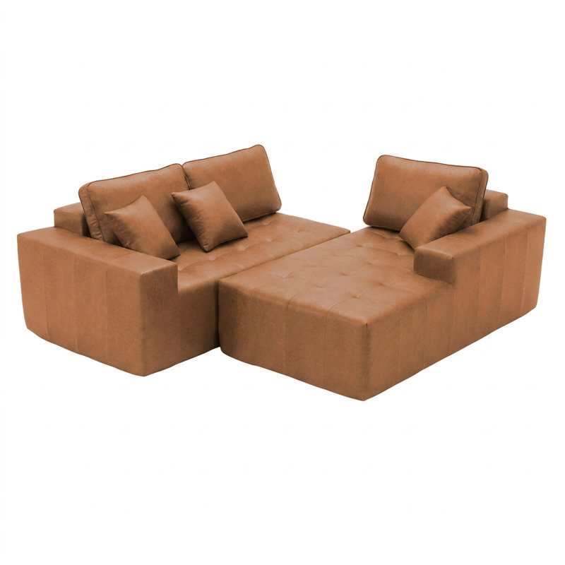 Canapé-lit modulaire en L avec méridienne d'angle, coussins de compression, sans assemblage, Marron clair