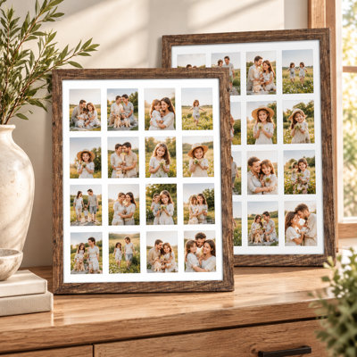Ensemble de 2 cadres 18 po x 26 po au fini grain de bois blanchi avec passe-partout blanc pour 16 photos 4 x 6 po par cadre