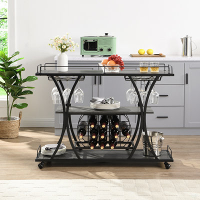 Chariot-bar industriel et chariot de service pour la maison avec roulettes 3 tablettes de rangement