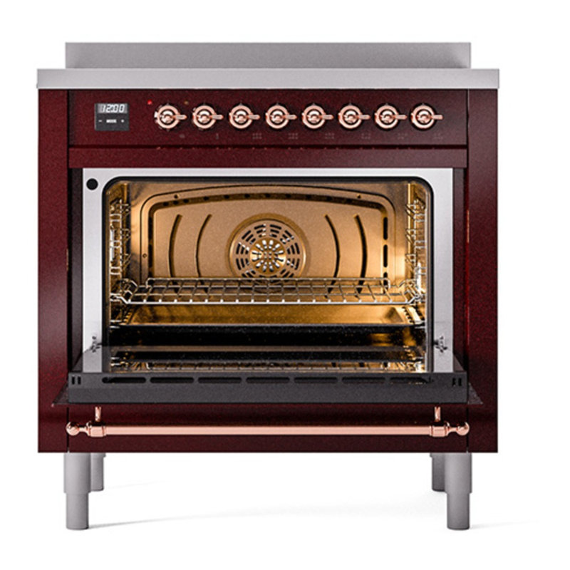 Cuisinière à induction 36 pouces avec 6 éléments à induction ILVE Nostalgie II Series (porte en verre), Bourgogne / cuivre