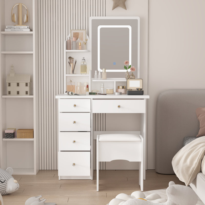 Vanity Set With Rectangular Mirror, Makeup Vanity Dressing Table With 5 Drawers, Shelves, Dresser Desk And Cushioned Stool Set (a White/lighted Mirror)