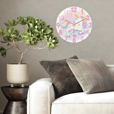 Unicorn Rainbow Wall Clock Decorative Cute Timepiece Art - 12'' Modern Glass Wall Clock