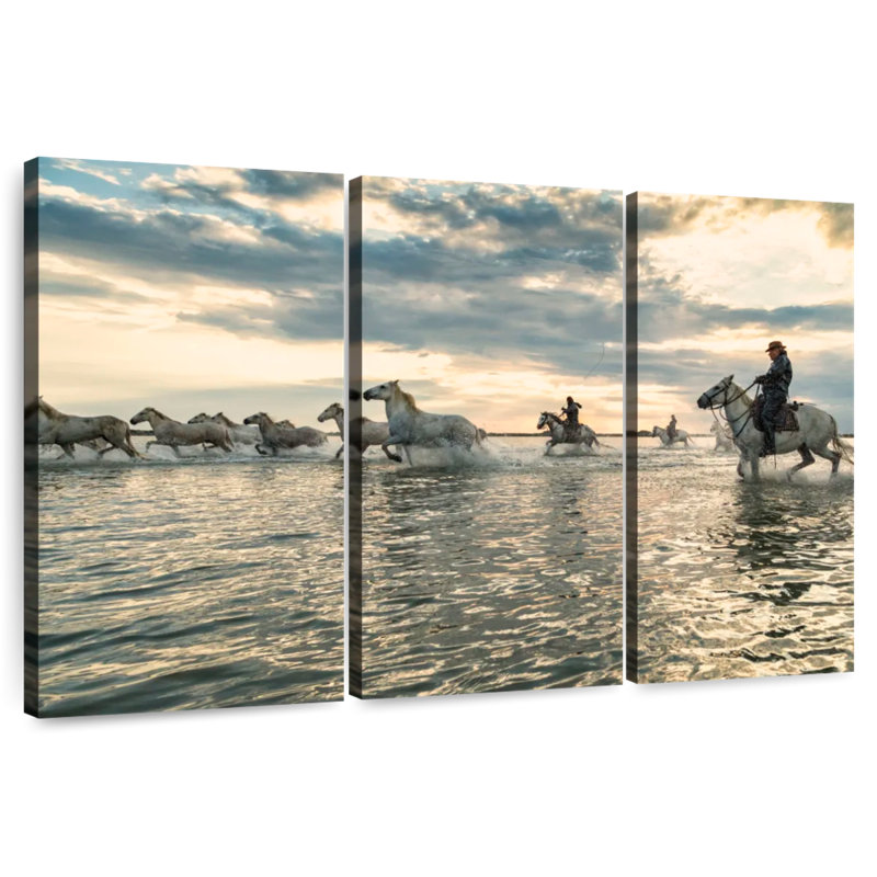 Mehar Camargue, chevaux qui courent dans l'eau, H 20 po x l 33 po