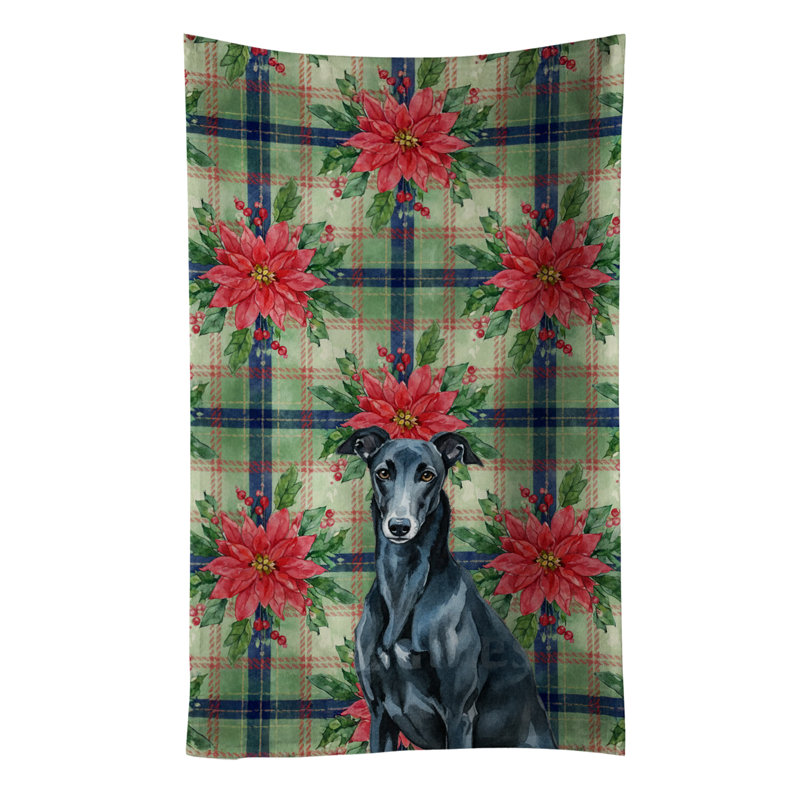 Black Greyhound Christmas PoinsettIas Kitchen Towel, Black Greyhound