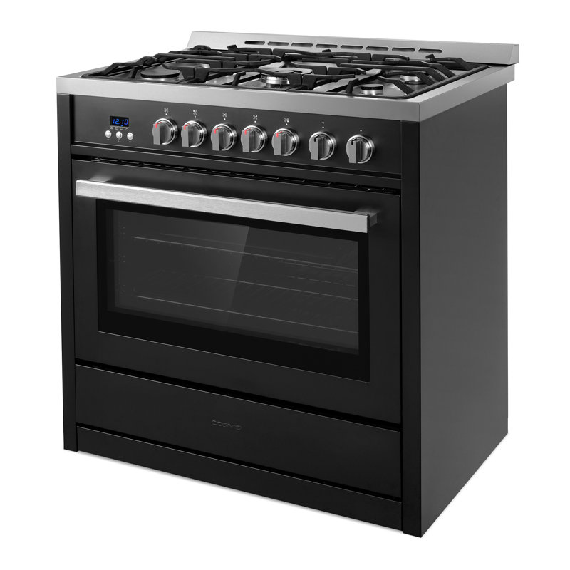 Cosmo 36 In. Nebula Collection 3.8 Cu. Ft. Gas Range, 5 Burners, Rapid Convection Oven, Cast Iron Grates In Matte Black
