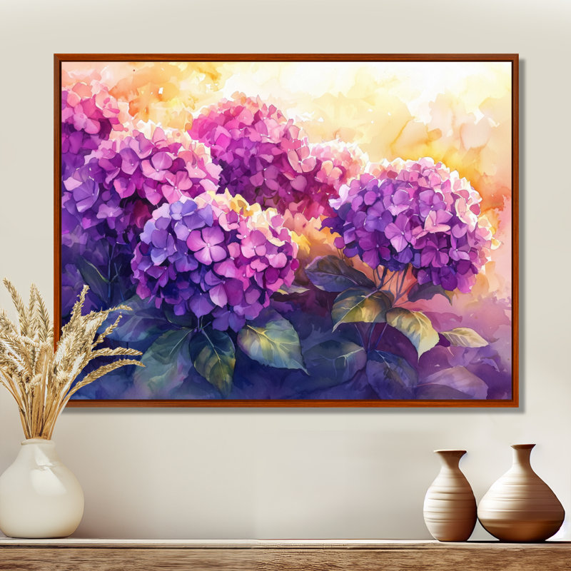 Hydrangeas in the Sunset Glow V - Hydrangea Wall Art for Living Room, Cadre flottant imprimé sans passe-partout, Brun