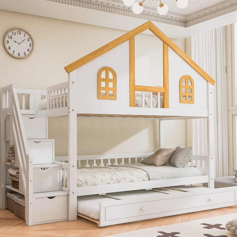 August Grove Twin Size Wooden House Roof Bunk Bed With Window Door And ...