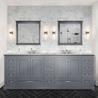 Dark Grey Double Bath Vanity 84 In. W X 22 In. D, Carrara Marble Top, Faucet Set, And 34 In. Mirrors