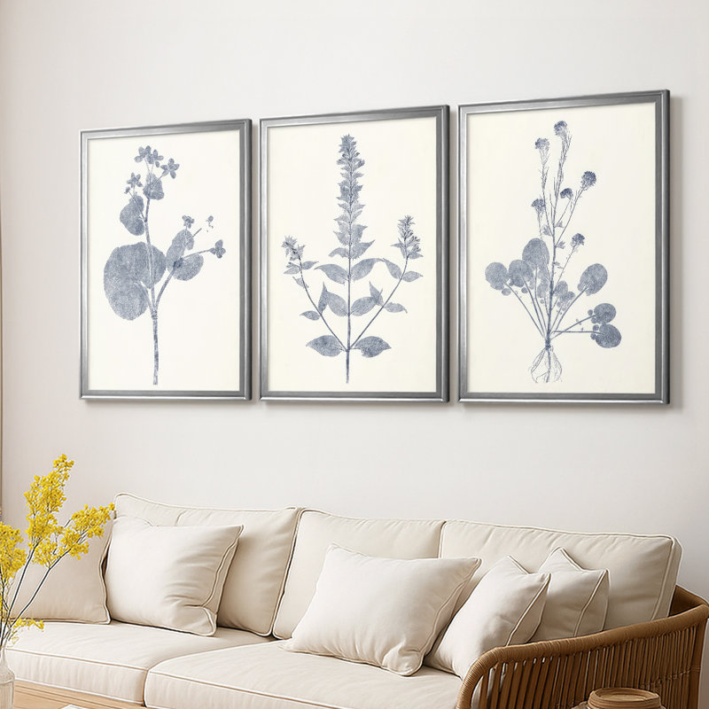 Marine Botanicals VI - Toile tendue avec châssis sur mesure - 3 pièces, H 30 po x l 63 po, Argent argent