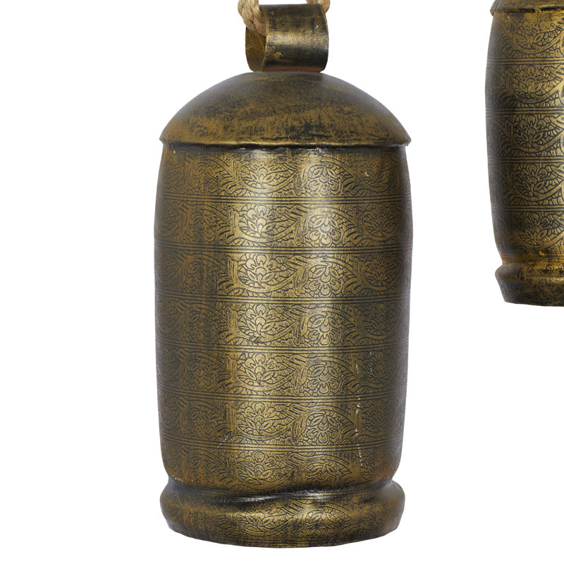Ensemble de clochettes décoratives d'intérieur en métal d'inspiration tibétaine en bronze pour porte, cloches de vache avec corde en jute