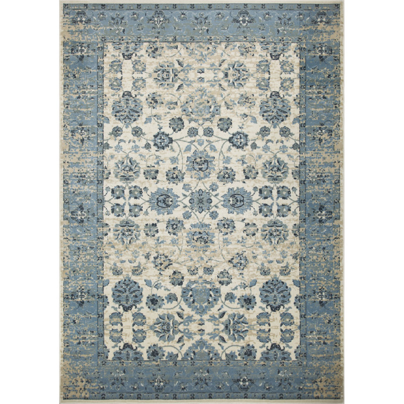 Tapis oriental ivoire et bleu ciel 8 pi, Rectangle 3 pi x 5 pi