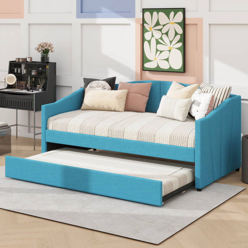 Twin-Size Upholstered Sofa-Style Daybed With Under-Bed Trundle, Blue