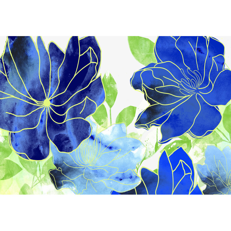 Bleu, croquis de fleurs, impression sur toile tendue, H 8 po x l 12 po