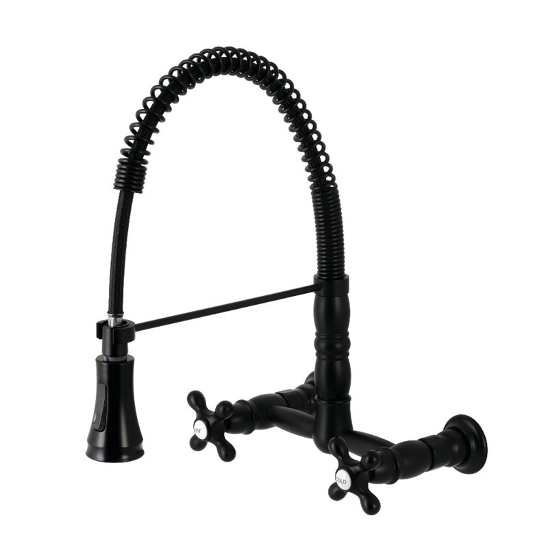 Kingston Brass Heritage Double-Handle 2-Hole Wall-Mount Pre-Rinse Bridge Kitchen Faucet, Matte Black