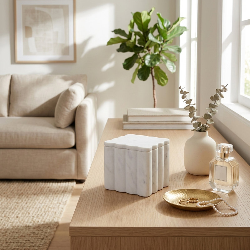 Boîte de rangement décorative carrée en marbre festonné avec couvercle pour la présentation de la maison - Boîte de rangement moderne pour décoration de chambre à coucher - 5 po, blanc et ivoire