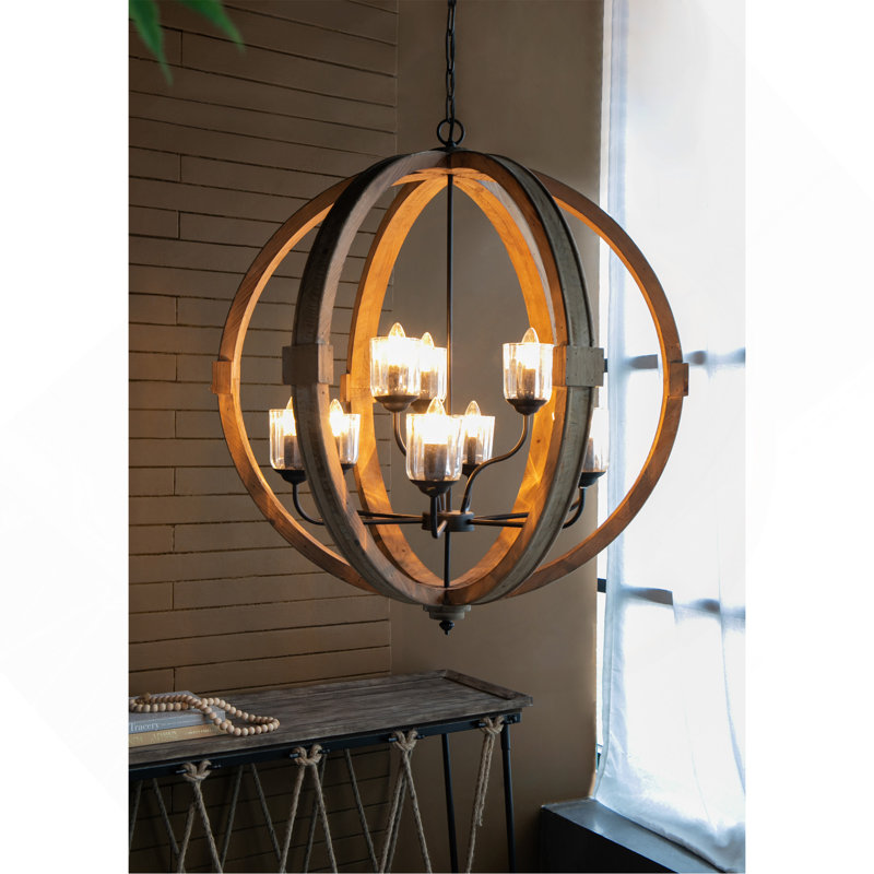 Lustre en forme de globe à 9 lumières, lustre en bois avec chaîne réglable pour le vestibule de la salle à manger de la cuisine, ampoule non incluse