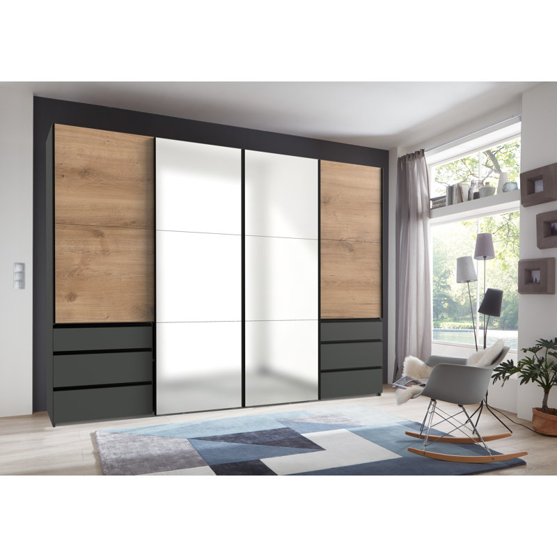 Guardino 4 Door Wardrobe, 216cm H x 300cm W x 65cm D, Graphite/Plank Oak
