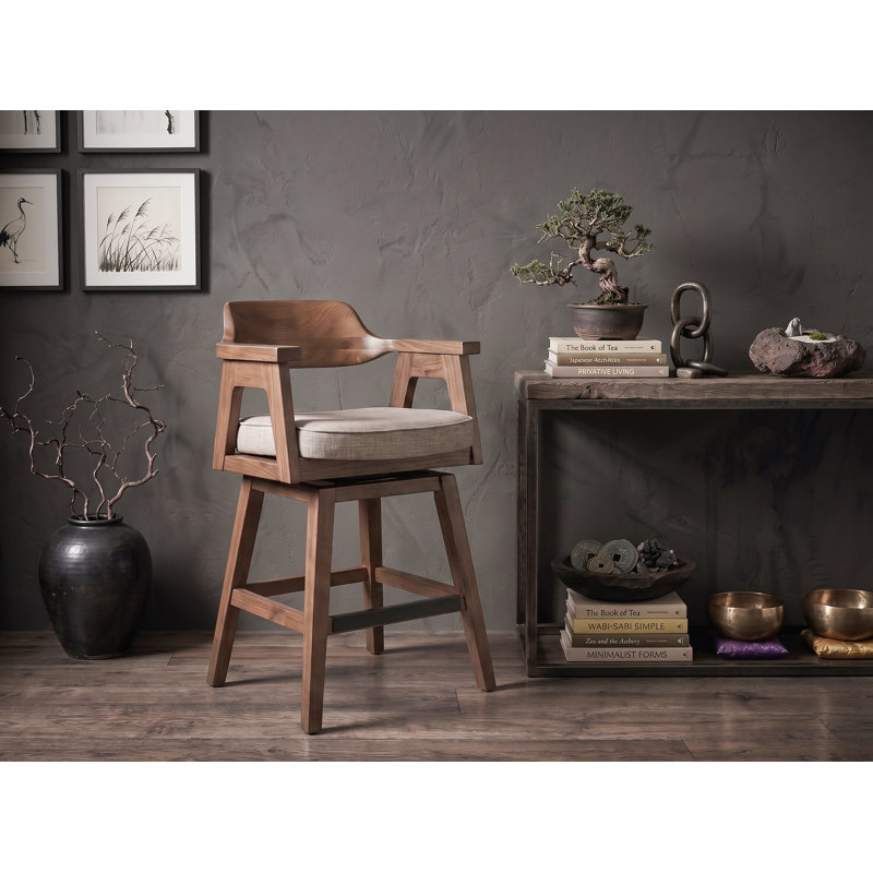 Upholstered Counter Stool with Solid Wood Frame, Brown/Beige, 24"