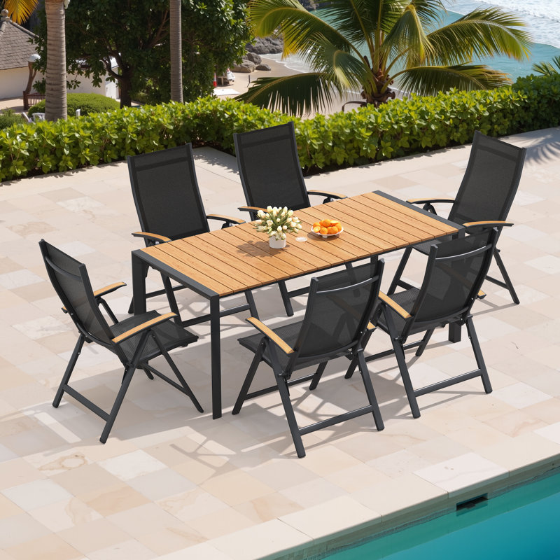 Ensemble de salle à manger rectangulaire en aluminium pour 6 personnes avec trou pour parasol et fauteuils inclinables pliés