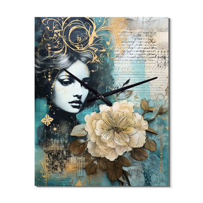 Horloge murale rétro «Blossoming Flowers On Teal»