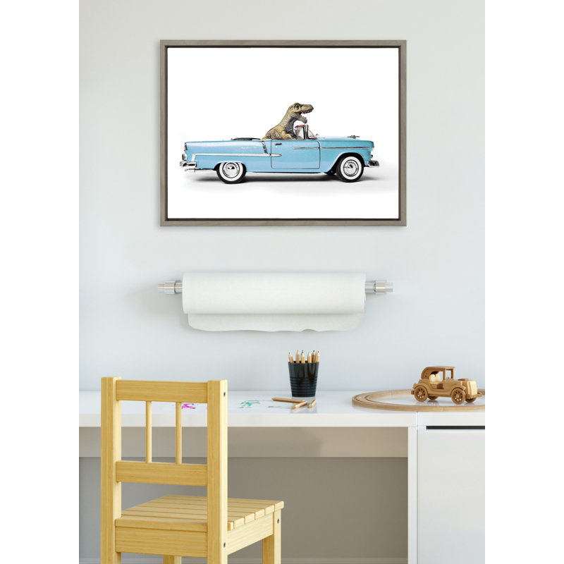 «T Rex Drive 1957 Aqua Chevy» par Saint and Sailor Studios, reproduction d'art sur toile encadrée, Gris