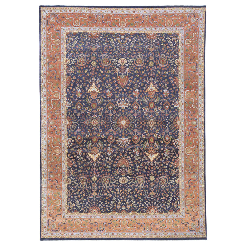 Hand Knotted Wool Oriental Area Rug in Navy And Salmon