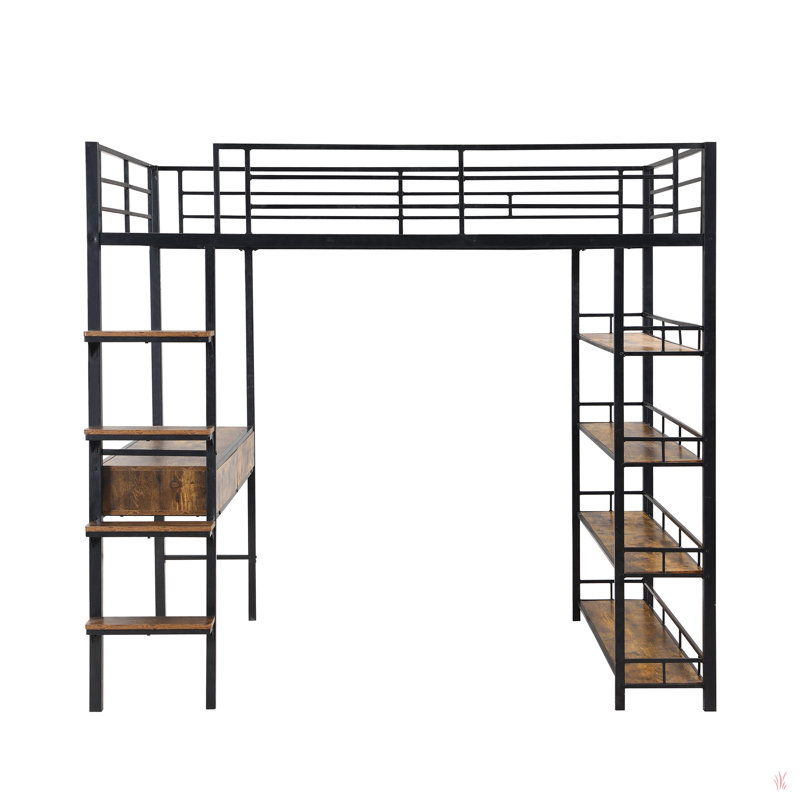 Lit mezzanine en métal avec bureau et tablettes, noir, Lit double