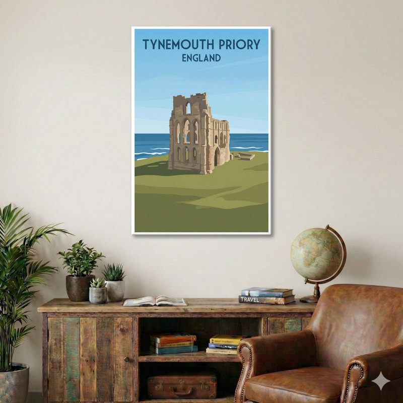 Tynemouth Priory, England - Romantic Coastal Ruins Travel Poster. Giclee Print on Wrapped Canvas. Wall Art, Home Decor - Religious & Cultural Sites, England 1 Piece Wrapped Canvas Wall Art