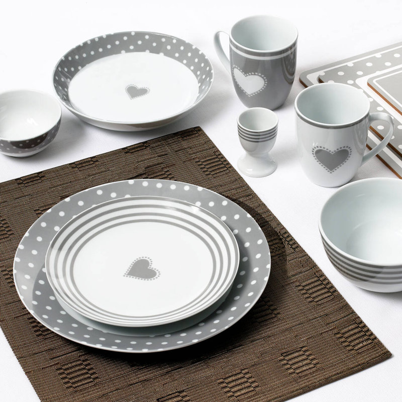 Waterside 56pc Grey Heart Porcelain Combo Dinner Set