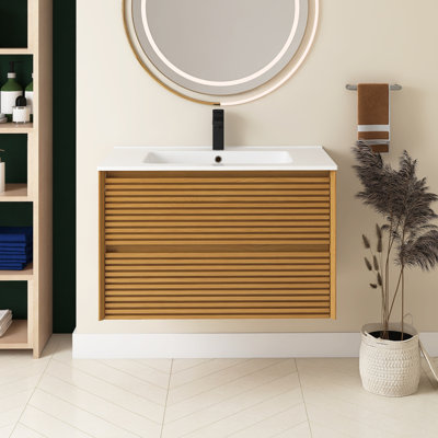 Corolla Oak Wall-Mounted Plywood Woodgrain Bathroom Vanity With With Drawers