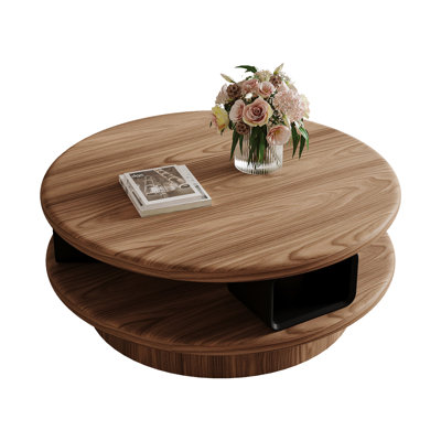 Modern Round Coffee Table With 2-tier Storage, 35.43" Wood Grain Center Table With Sturdy Base For Living Room