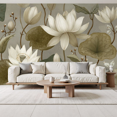 Papier peint adhésif rétro vintage avec motif de fleurs de lotus, feuilles de nénuphars botaniques et nénuphars blanches, H 69 po x l 96 po, papier peint amovible en PVC, adhésif pour chambre à coucher, bureau à domicile